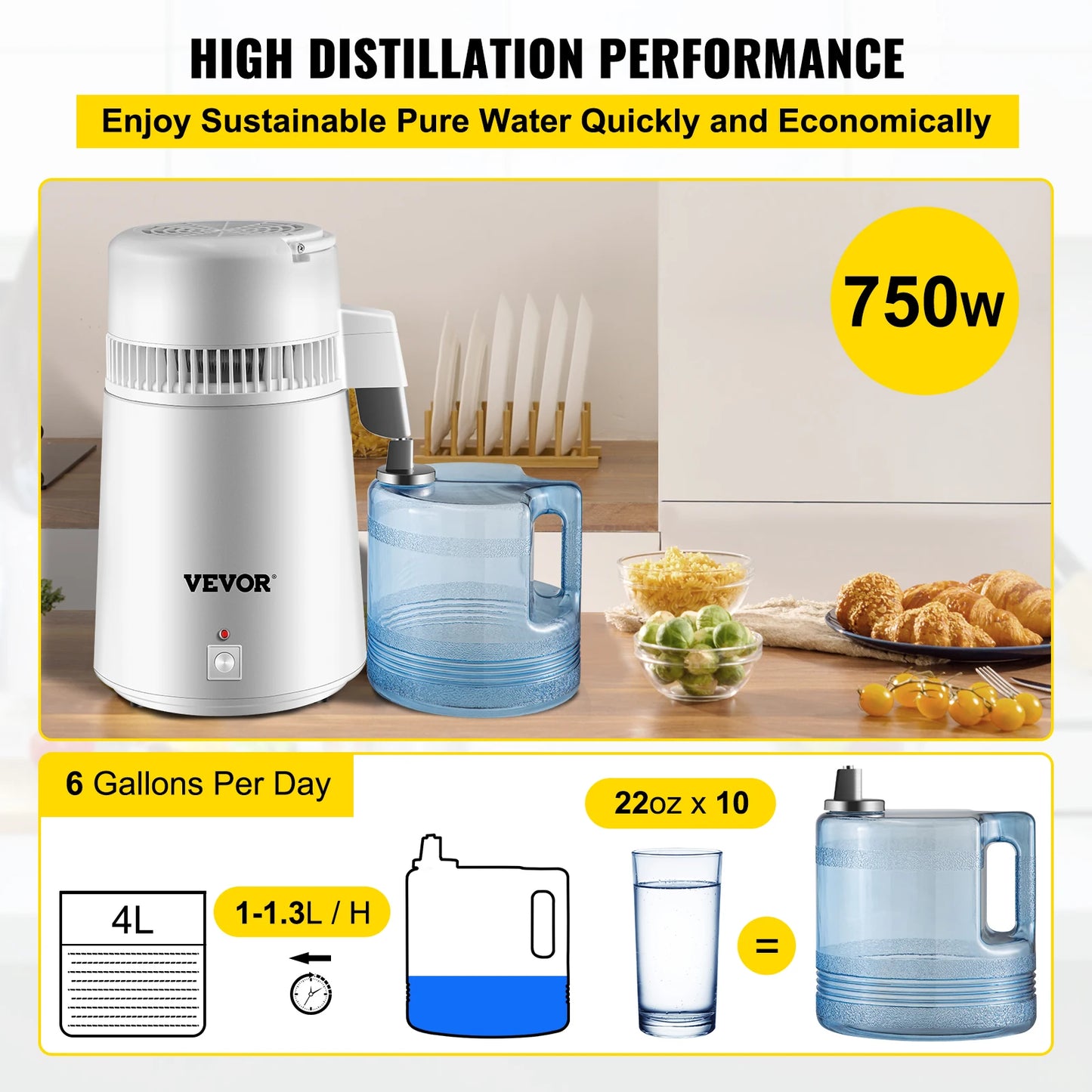 VEVOR 4L Water Distiller Purifier Filter Dispenser