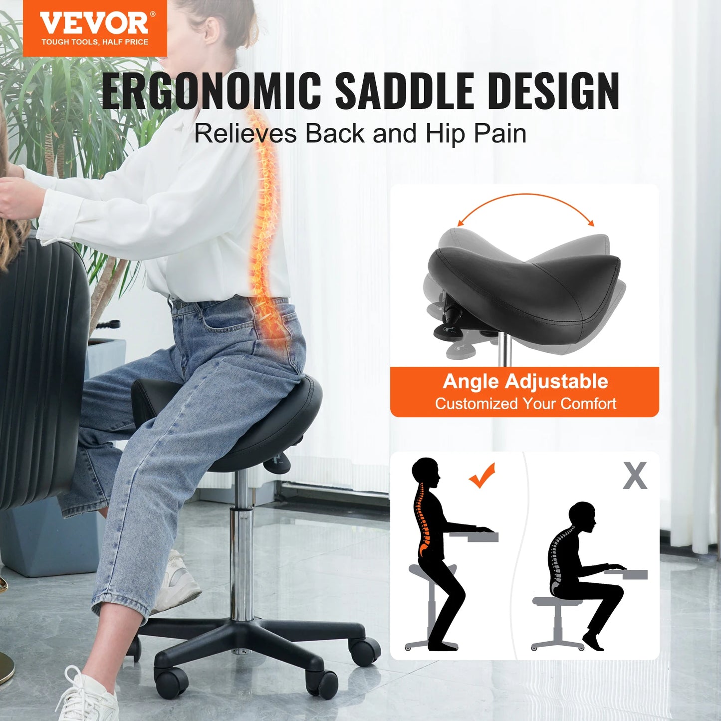 VEVOR Ergonomic Saddle Stool with 5 Swivel Casters 360° Rotation