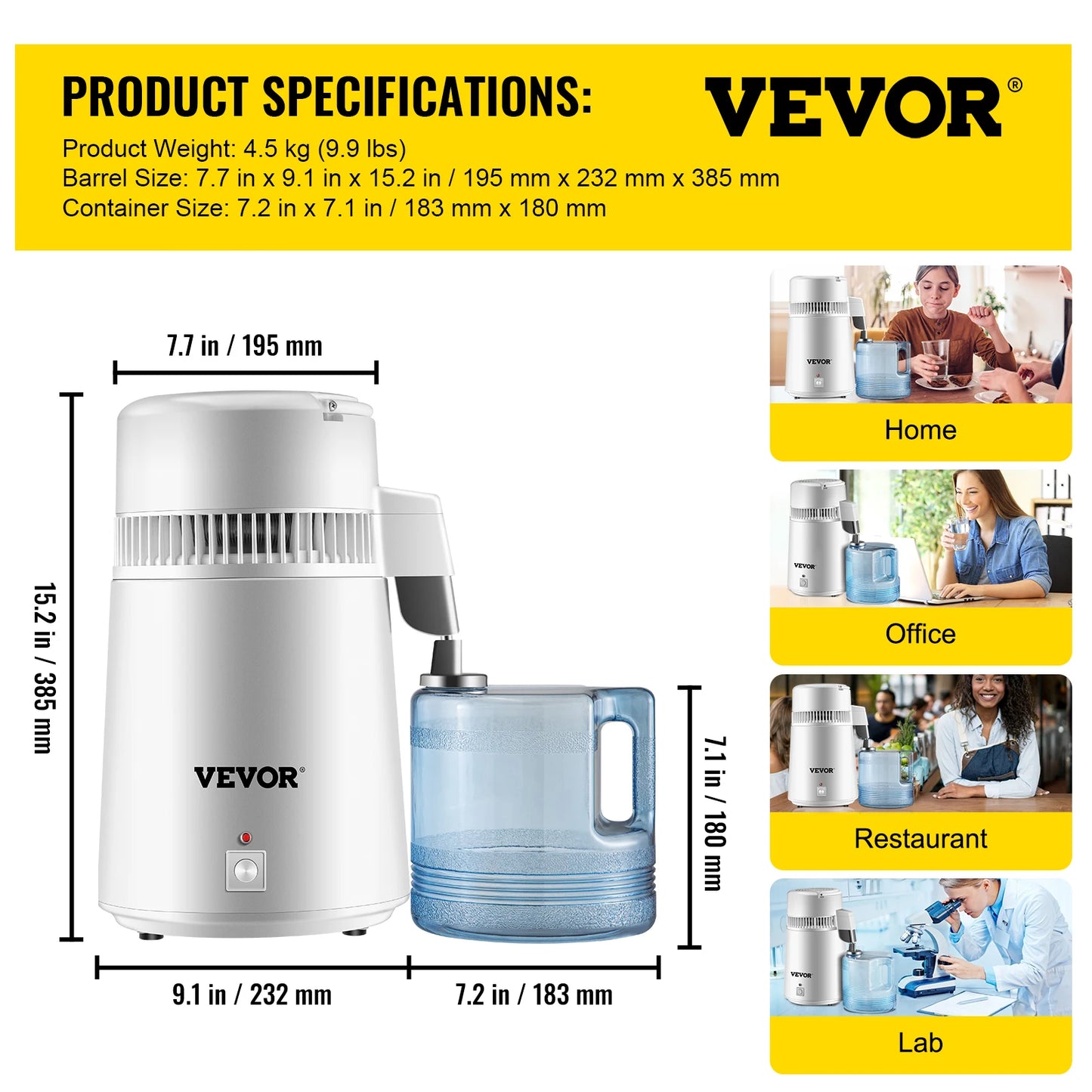 VEVOR 4L Water Distiller Purifier Filter Dispenser