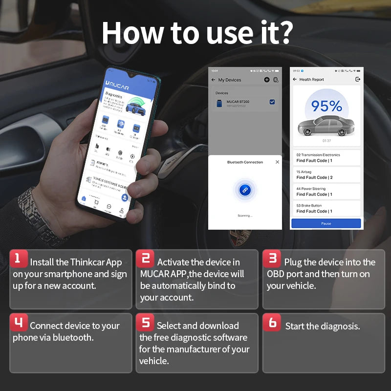 MUCAR BT200 Bluetooth Automotive Obd2 Scanner for Auto Full System Diagnostic