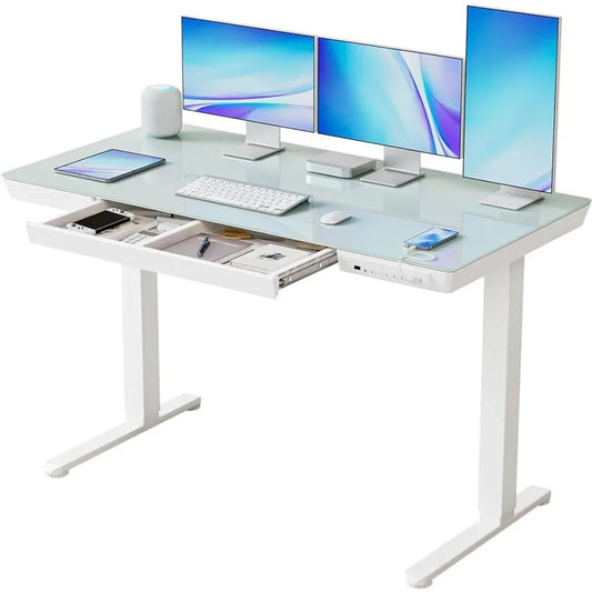 Electric Standing Desk with Drawers,55 Inch Whole-Piece Glass Desktop