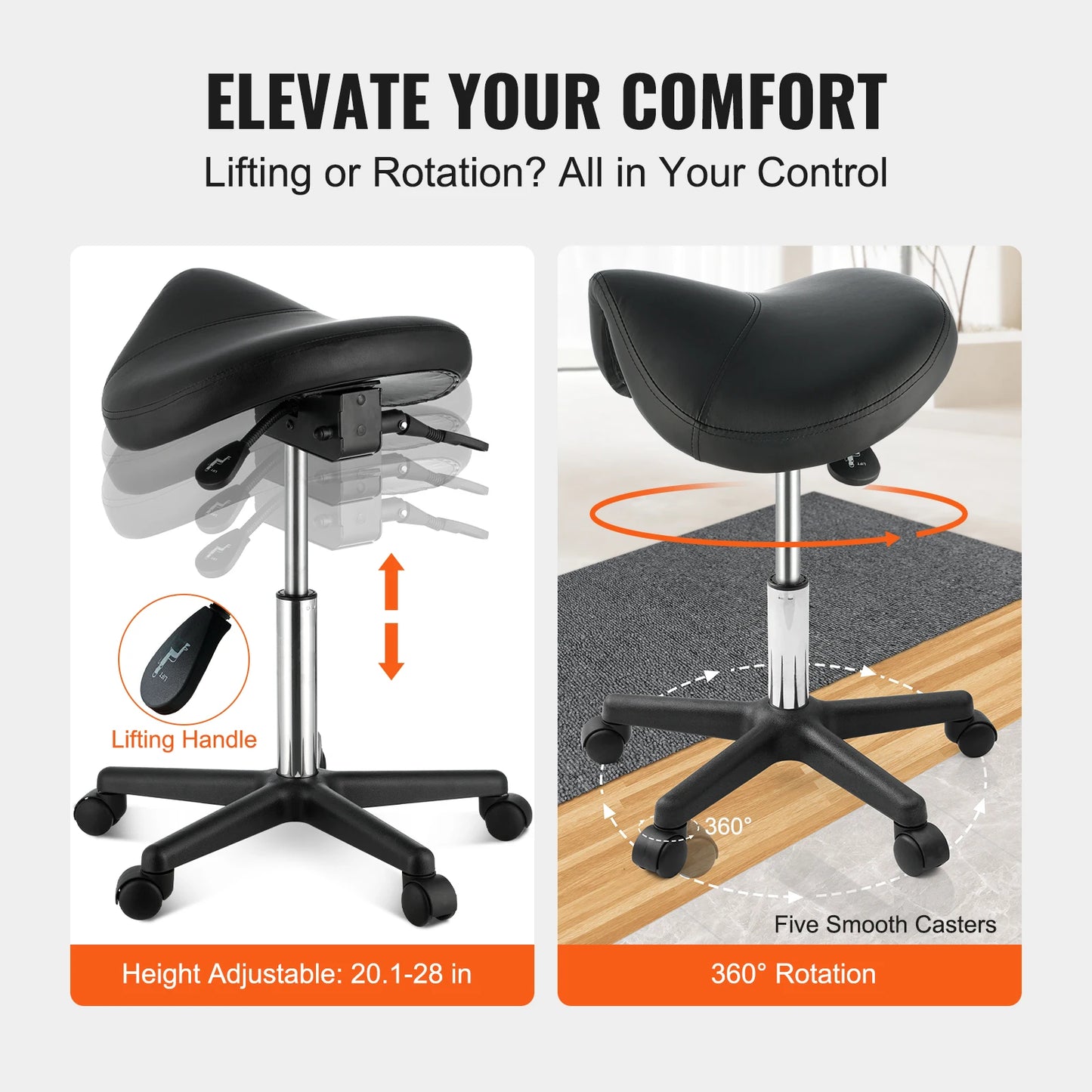 VEVOR Ergonomic Saddle Stool with 5 Swivel Casters 360° Rotation